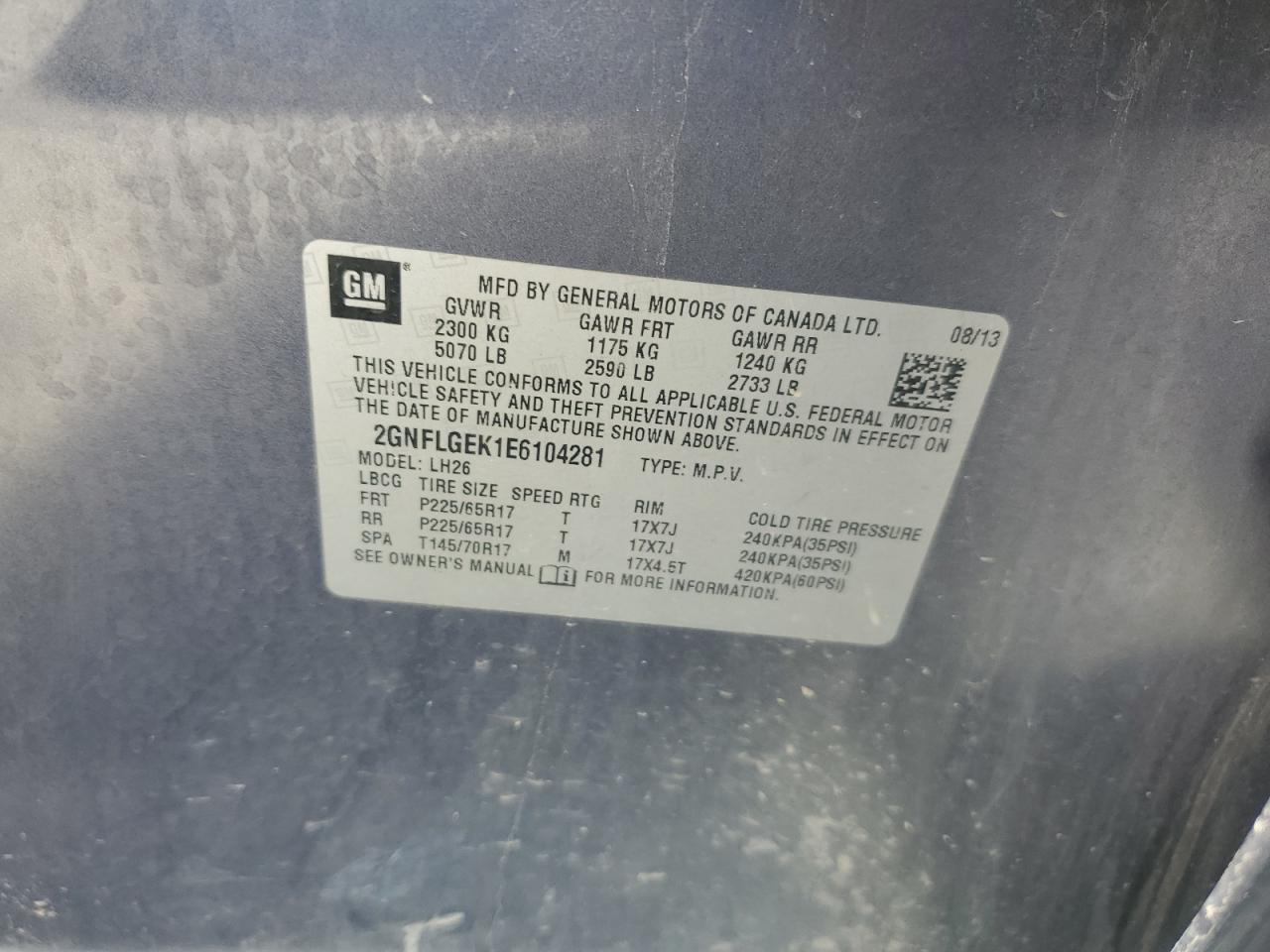 2014 Chevrolet Equinox Lt VIN: 2GNFLGEK1E6104281 Lot: 81862515