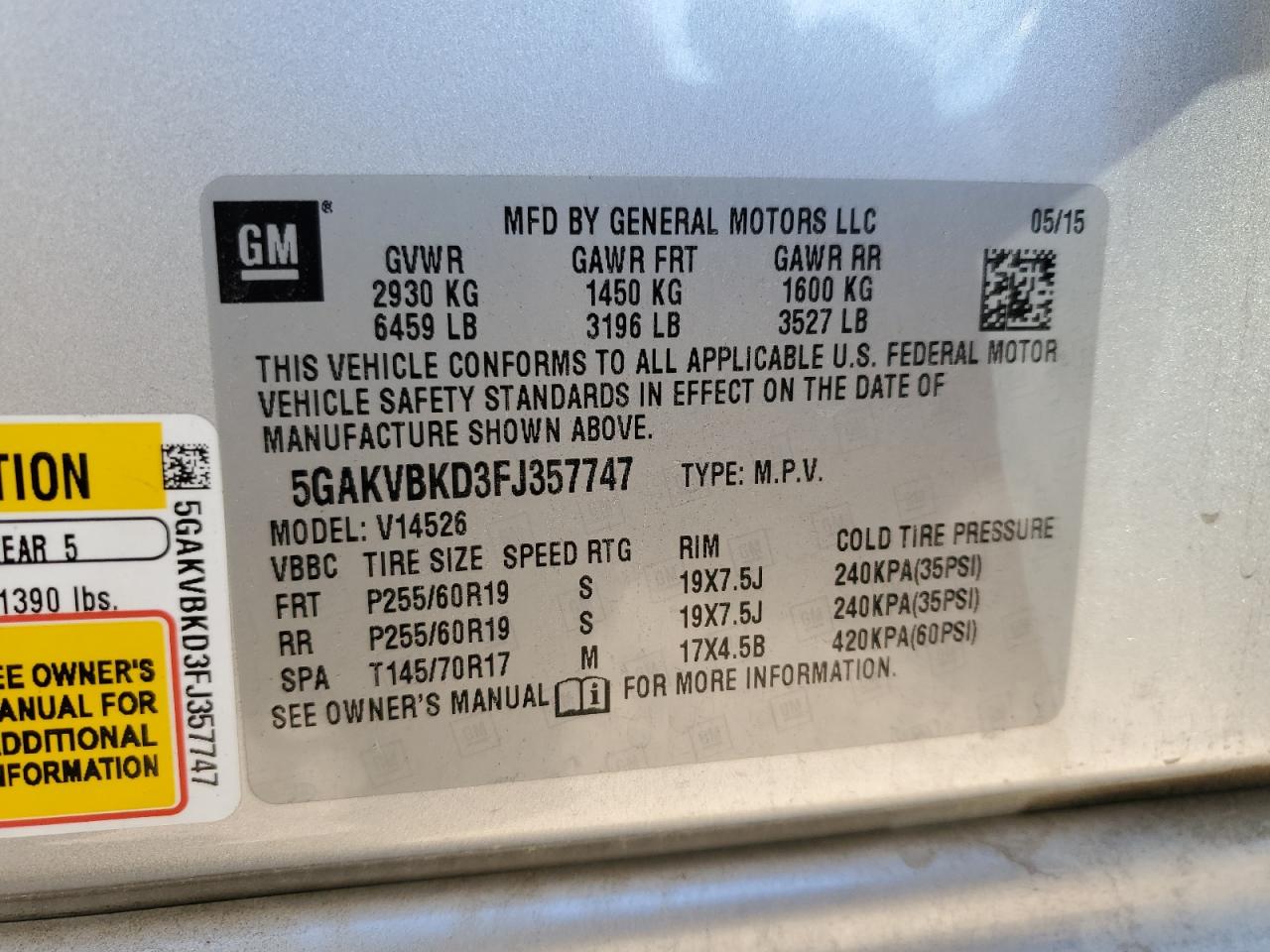 2015 Buick Enclave VIN: 5GAKVBKD3FJ357747 Lot: 71742795