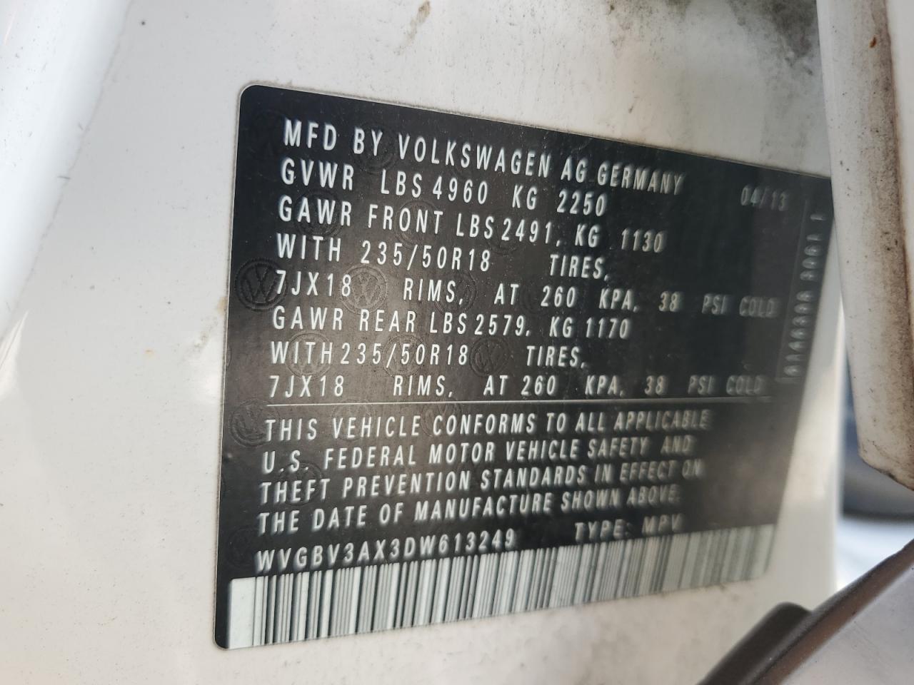 2013 Volkswagen Tiguan S VIN: WVGBV3AX3DW613249 Lot: 69700155