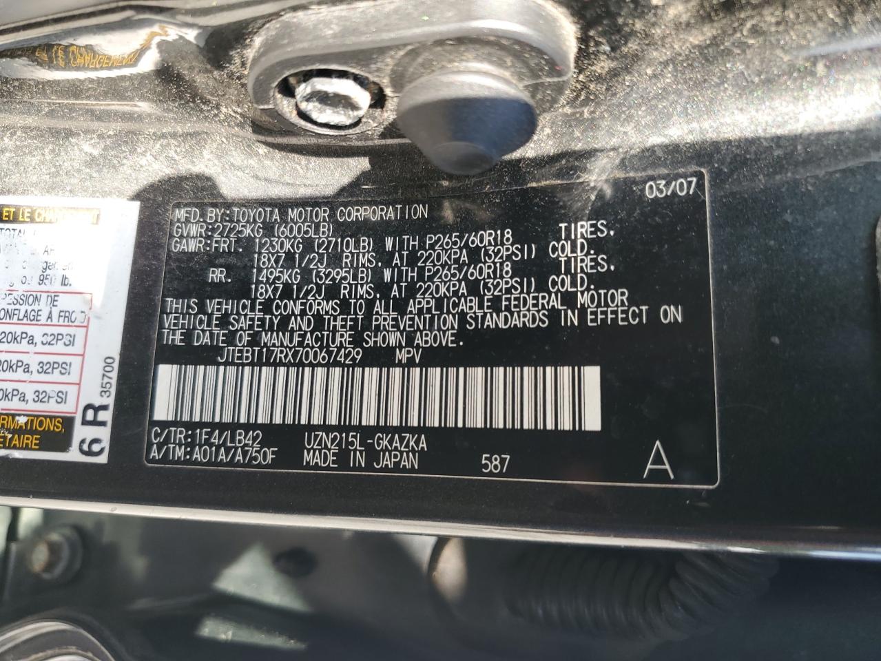 2007 Toyota 4Runner Limited VIN: JTEBT17RX70067429 Lot: 80017425