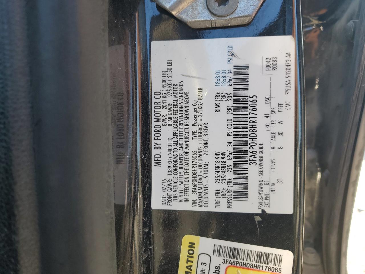 2017 Ford Fusion Se VIN: 3FA6P0HD8HR176065 Lot: 70963645