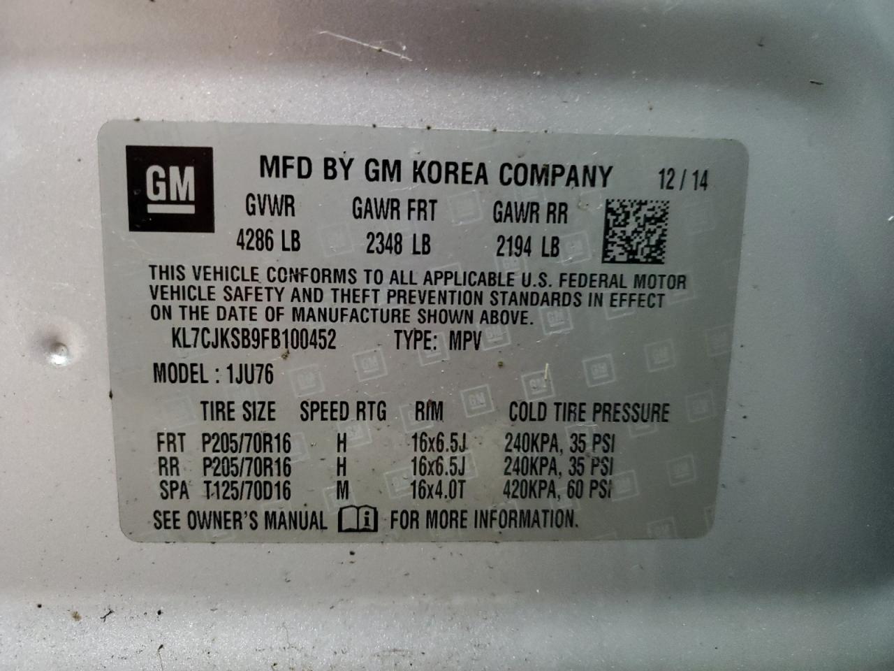 2015 Chevrolet Trax Ls VIN: KL7CJKSB9FB100452 Lot: 84239475