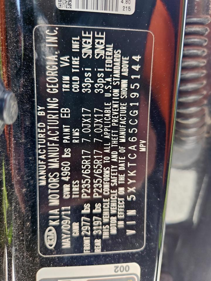 2012 Kia Sorento Base VIN: 5XYKTCA65CG195144 Lot: 80745045