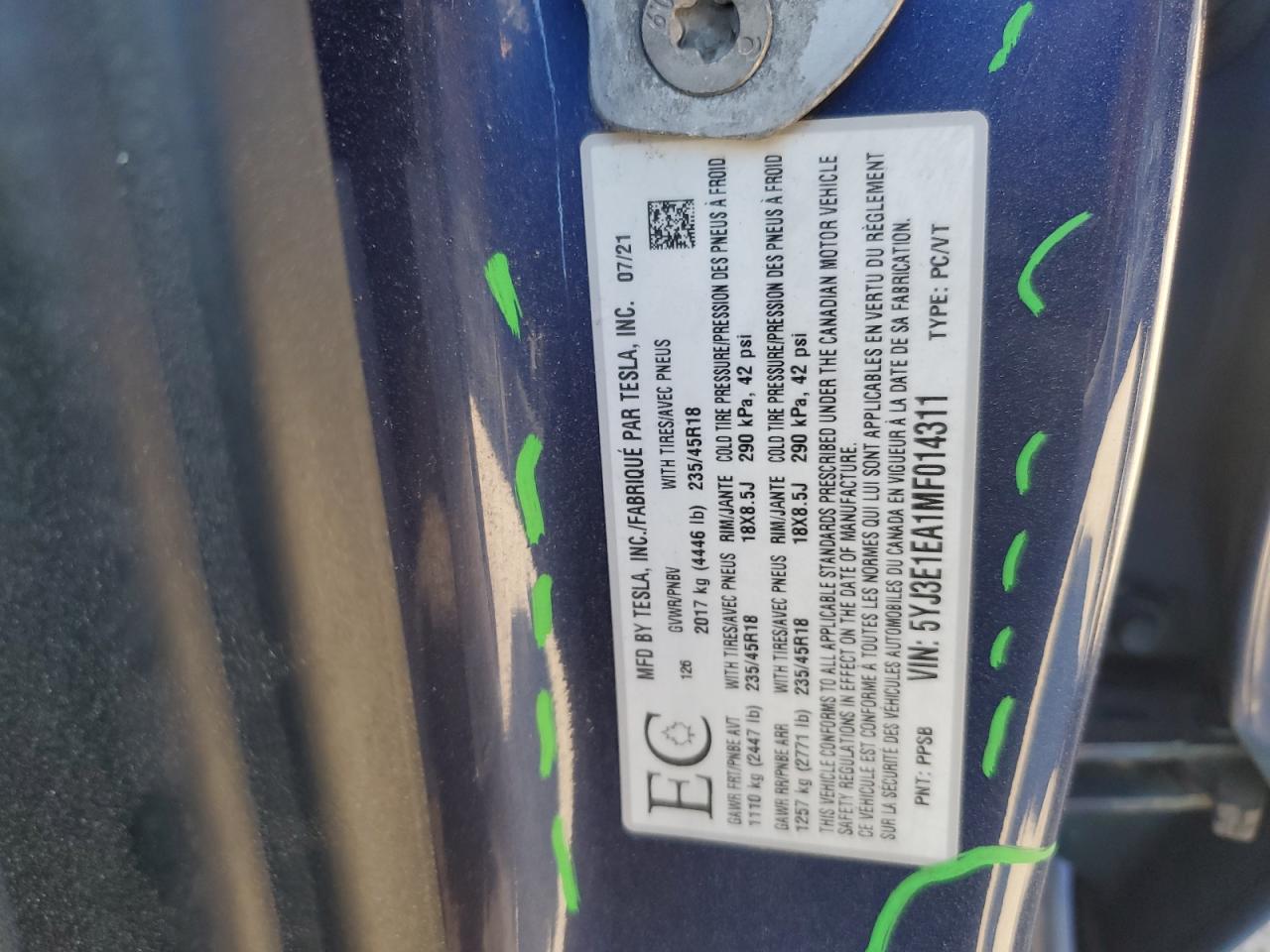 2021 Tesla Model 3 VIN: 5YJ3E1EA1MF014311 Lot: 80859955