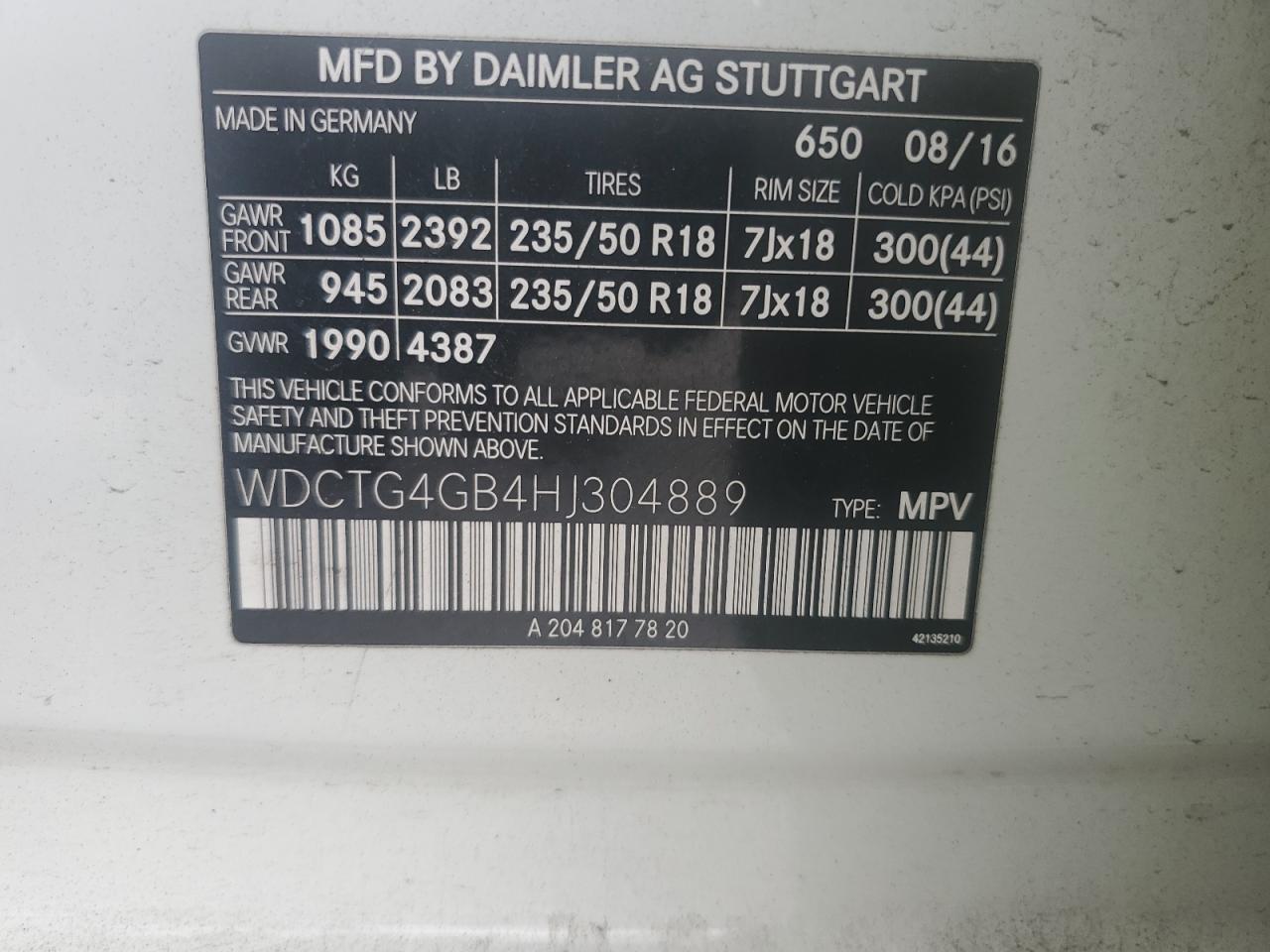 2017 Mercedes-Benz Gla 250 4Matic VIN: WDCTG4GB4HJ304889 Lot: 81702115