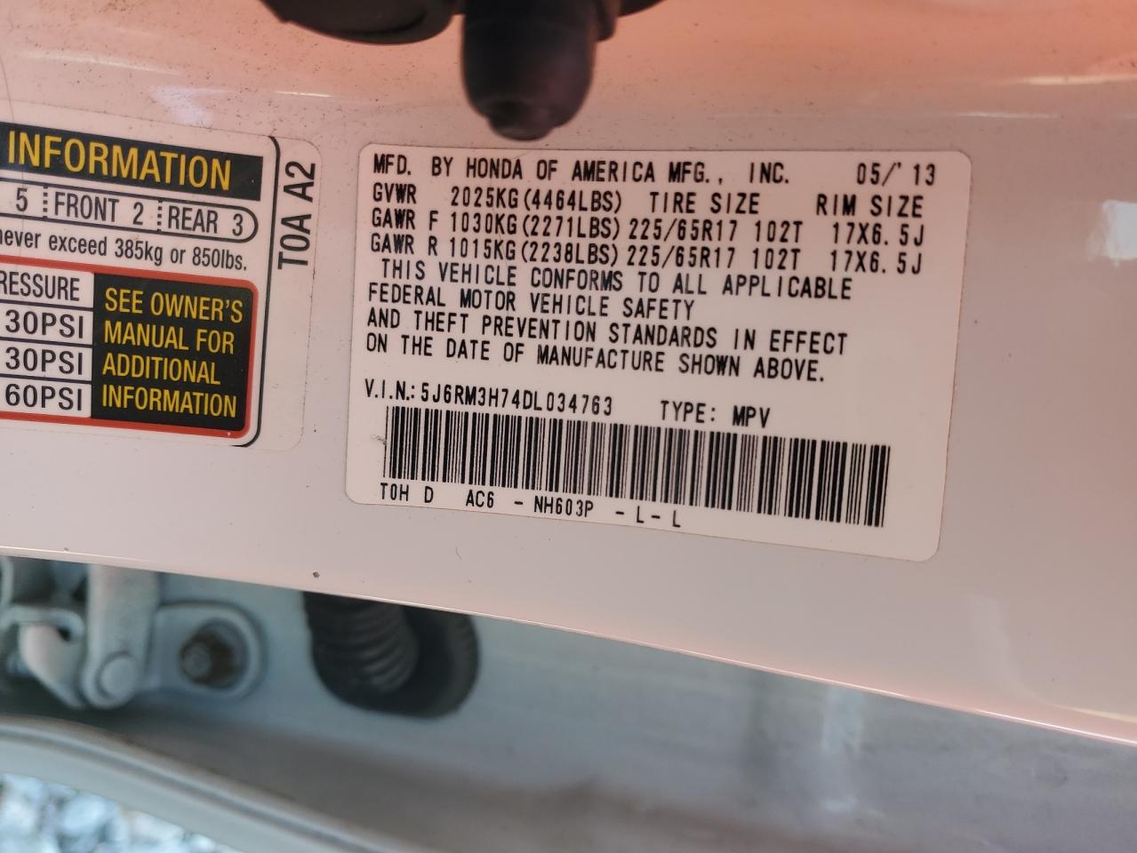 2013 Honda Cr-V Exl VIN: 5J6RM3H74DL034763 Lot: 80873885