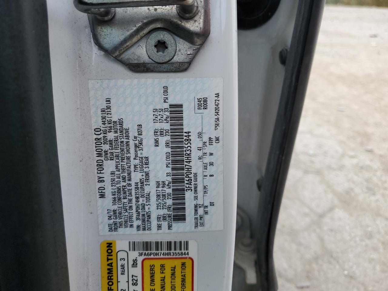 2017 Ford Fusion Se VIN: 3FA6P0H74HR355844 Lot: 72003585