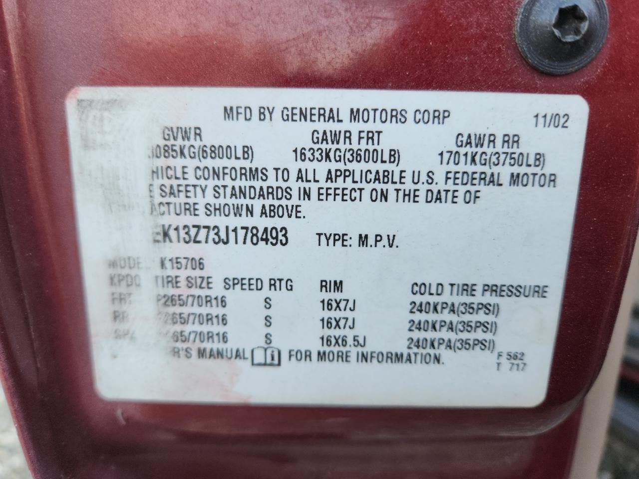 2003 Chevrolet Tahoe K1500 VIN: 1GNEK13Z73J178493 Lot: 71436915