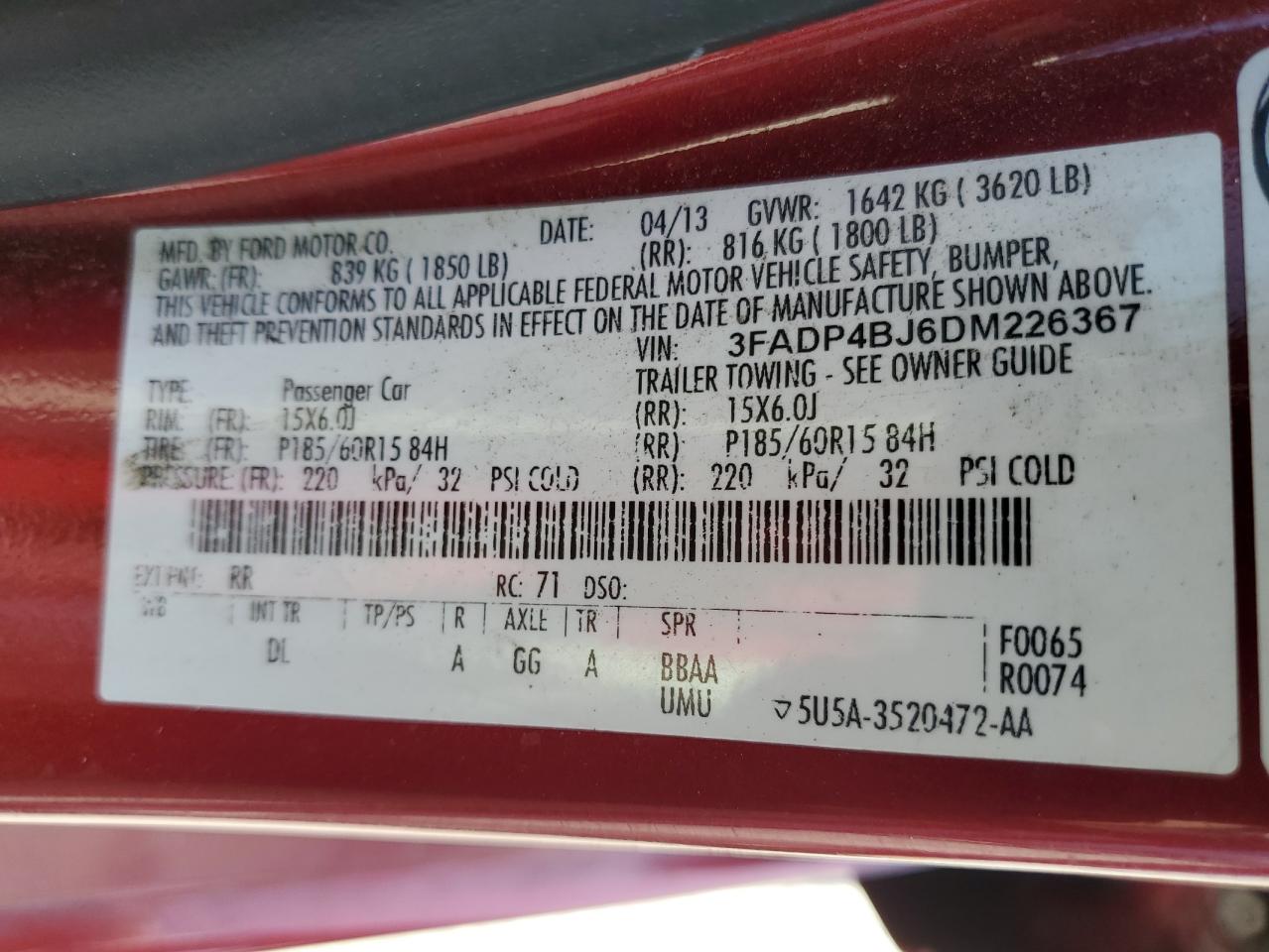 2013 Ford Fiesta Se VIN: 3FADP4BJ6DM226367 Lot: 80921085