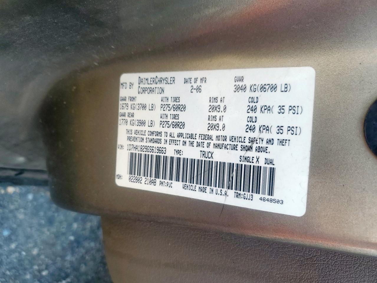 2006 Dodge Ram 1500 St VIN: 1D7HA18296S619663 Lot: 71985725