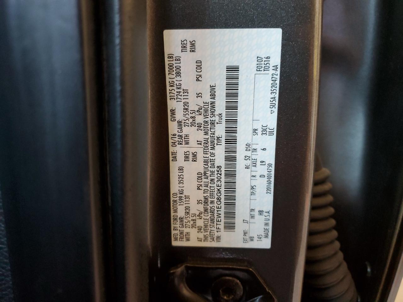 2016 Ford F150 Supercrew VIN: 1FTEW1EG8GKE30258 Lot: 71891475