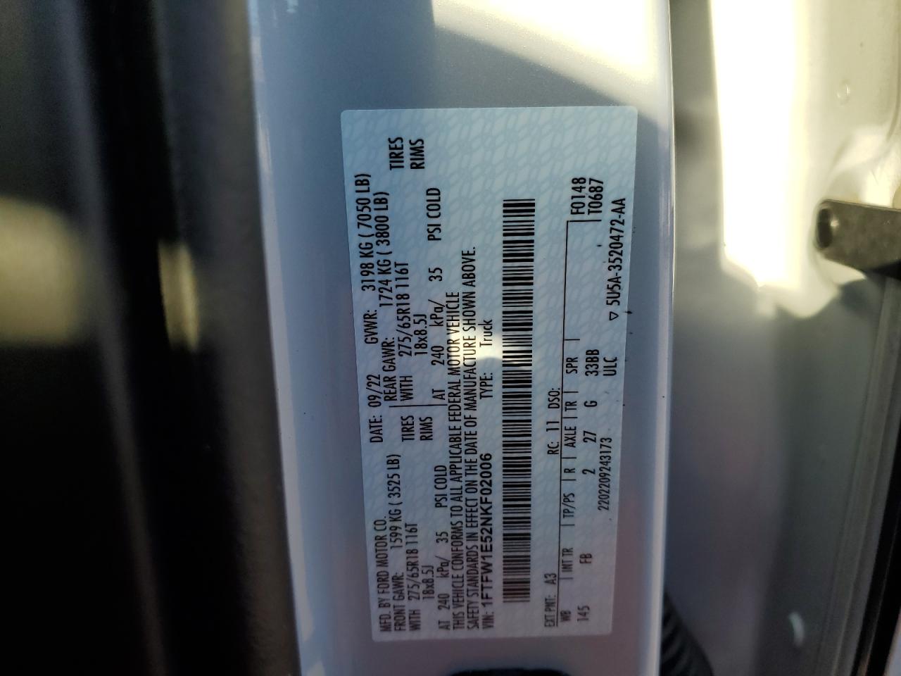 2022 Ford F150 Supercrew VIN: 1FTFW1E52NKF02006 Lot: 84265315