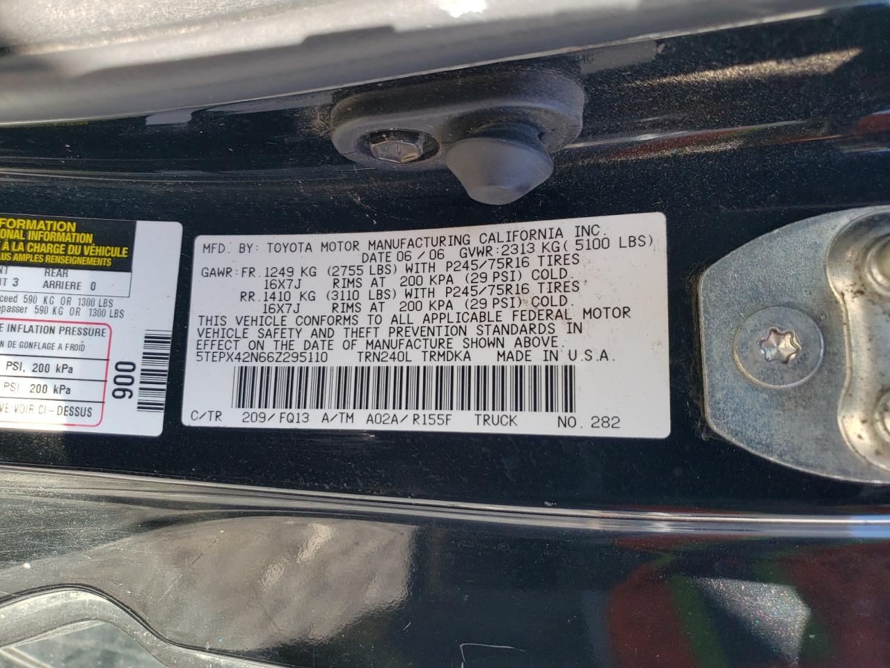 2006 Toyota Tacoma VIN: 5TEPX42N66Z295110 Lot: 71468835