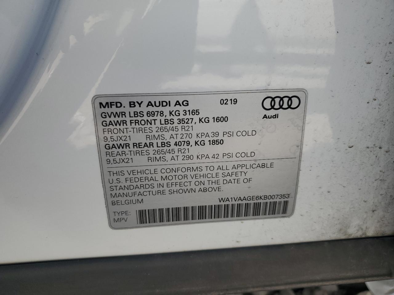 2019 Audi E-Tron Prestige VIN: WA1VAAGE6KB007353 Lot: 80110365