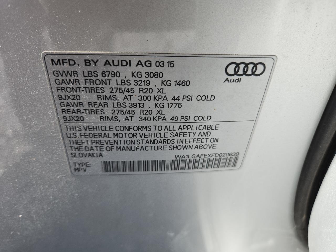 2015 Audi Q7 Premium Plus VIN: WA1LGAFEXFD020639 Lot: 84259765