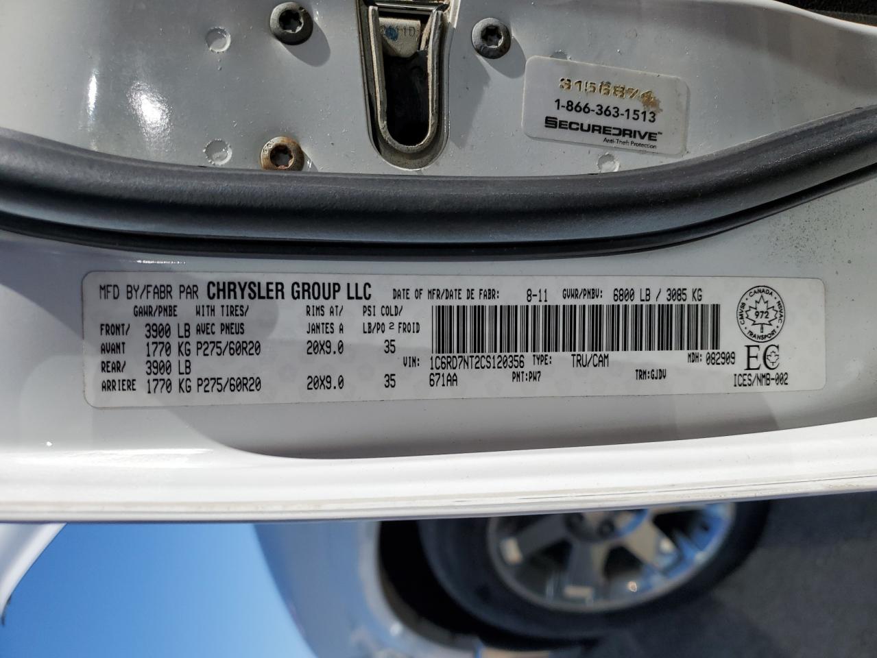 2012 Dodge Ram 1500 Laramie VIN: 1C6RD7NT2CS120356 Lot: 70855535