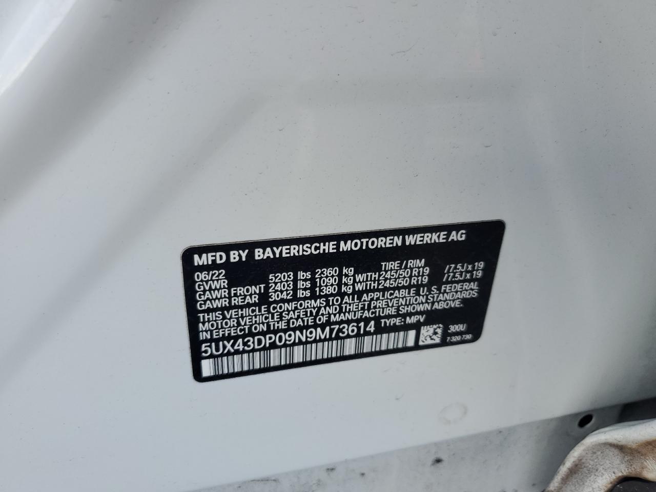 2022 BMW X3 Sdrive30I VIN: 5UX43DP09N9M73614 Lot: 81826275