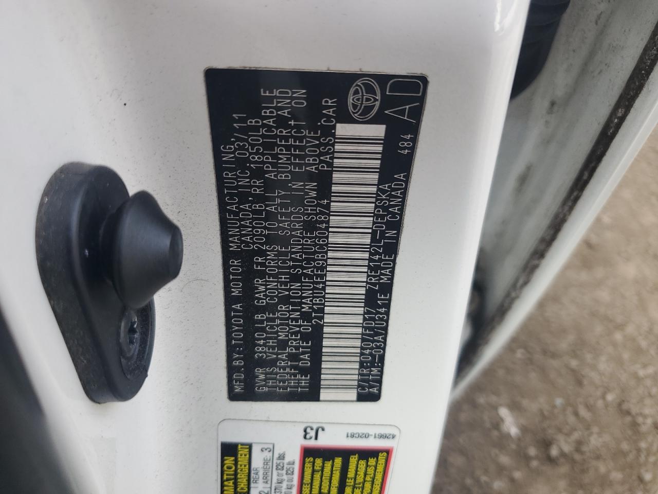 2011 Toyota Corolla Base VIN: 2T1BU4EE9BC604874 Lot: 80184755