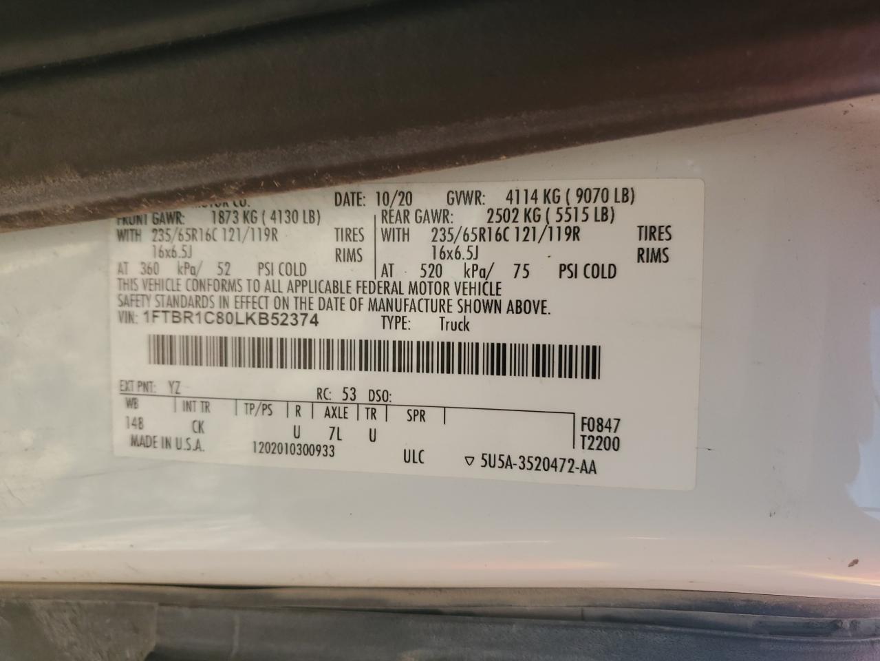 2020 Ford Transit T-250 VIN: 1FTBR1C80LKB52374 Lot: 83830915