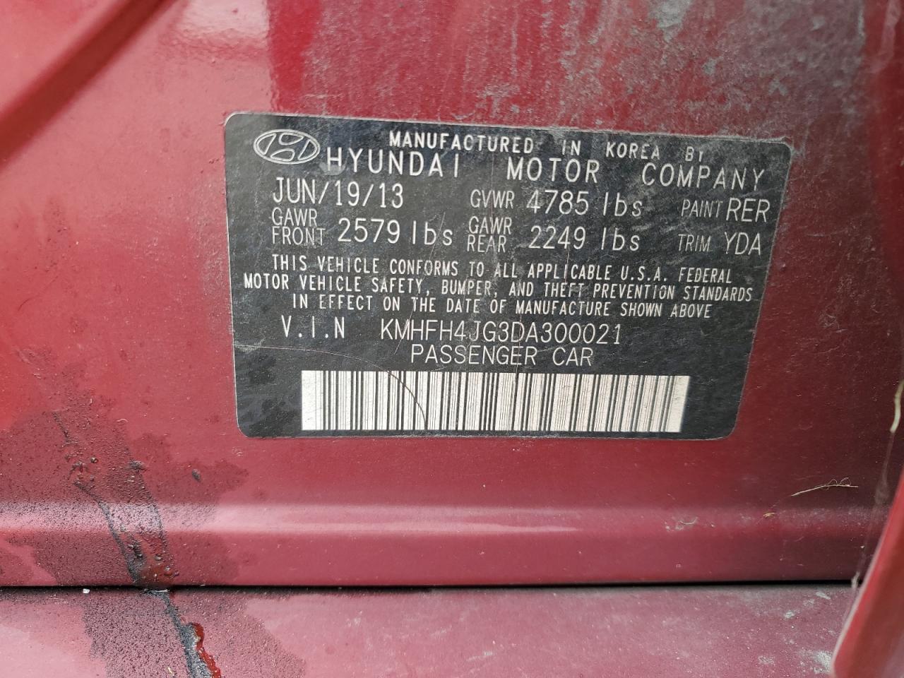 2013 Hyundai Azera Gls VIN: KMHFH4JG3DA300021 Lot: 80854075