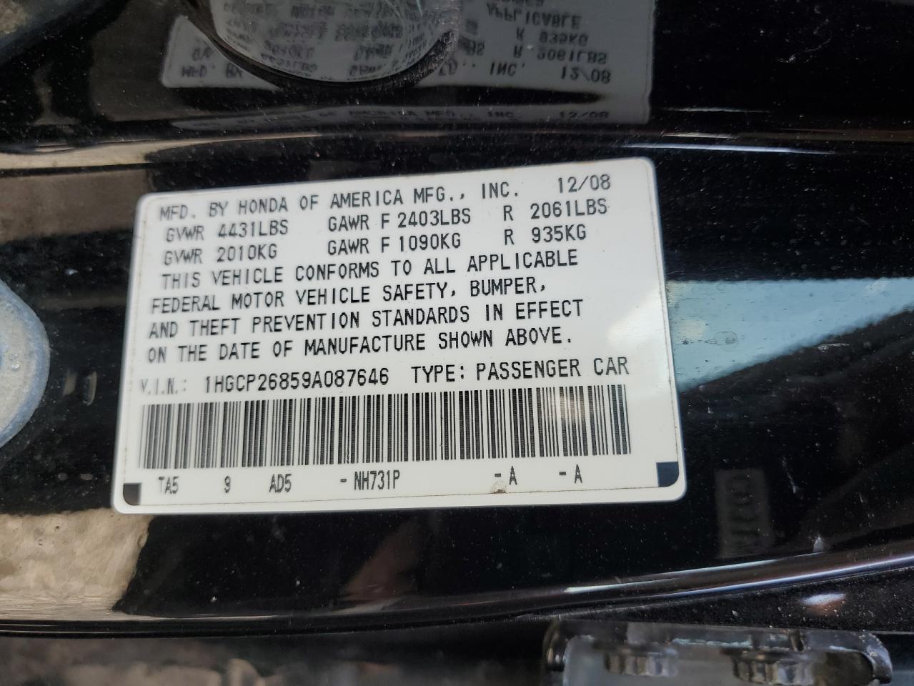 2009 Honda Accord Exl VIN: 1HGCP26859A087646 Lot: 71360775