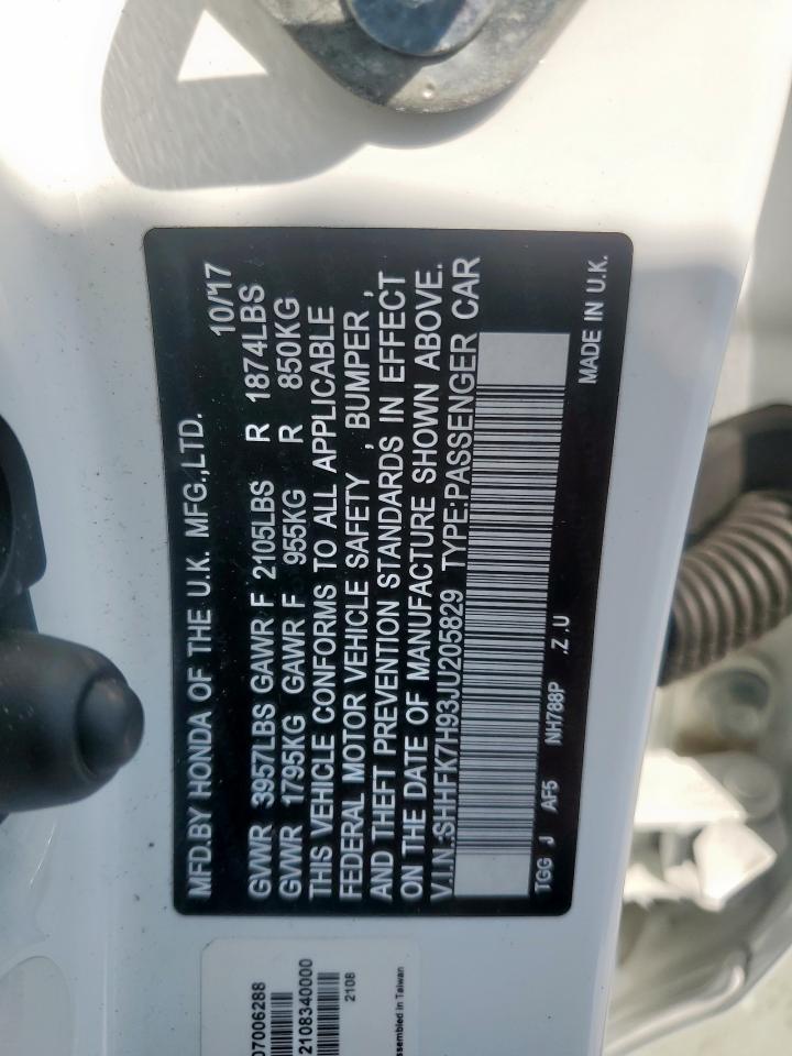 2018 Honda Civic Sport Touring VIN: SHHFK7H93JU205829 Lot: 80558335