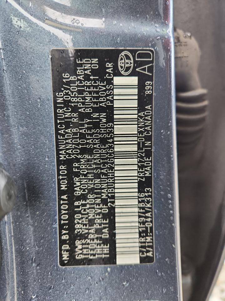 2016 Toyota Corolla L VIN: 2T1BURHE2GC634539 Lot: 82058475