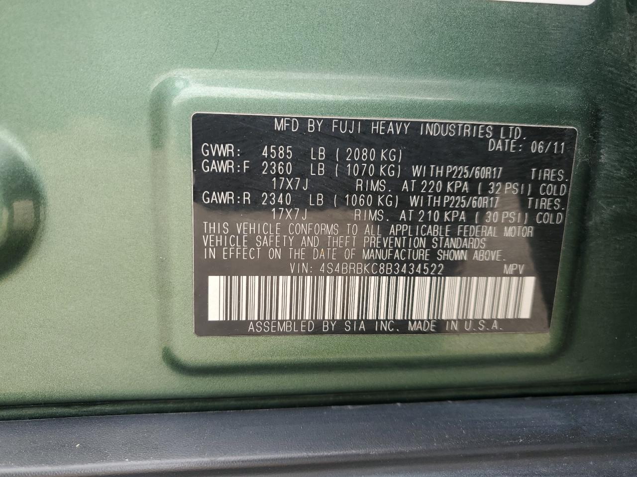 2011 Subaru Outback 2.5I Limited VIN: 4S4BRBKC8B3434522 Lot: 80077095