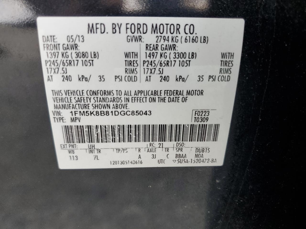 2013 Ford Explorer VIN: 1FM5K8B81DGC85043 Lot: 82092305