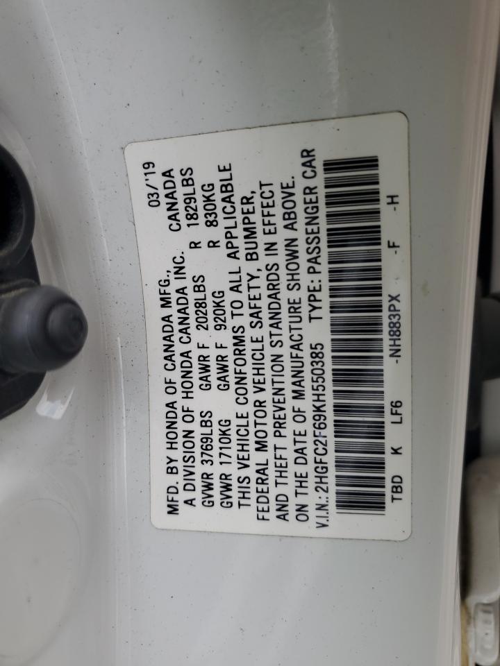 2019 Honda Civic Lx VIN: 2HGFC2F69KH550385 Lot: 83790935
