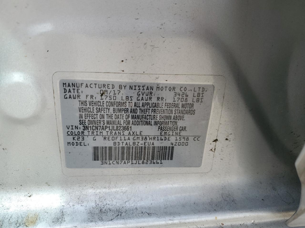 2018 Nissan Versa S VIN: 3N1CN7AP1JL823661 Lot: 84789745