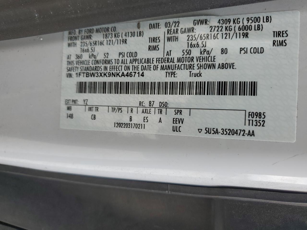 2022 Ford Transit T-350 VIN: 1FTBW3XK9NKA46714 Lot: 81633255