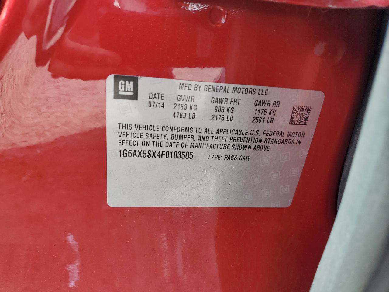 2015 Cadillac Cts Luxury Collection VIN: 1G6AX5SX4F0103585 Lot: 71892785