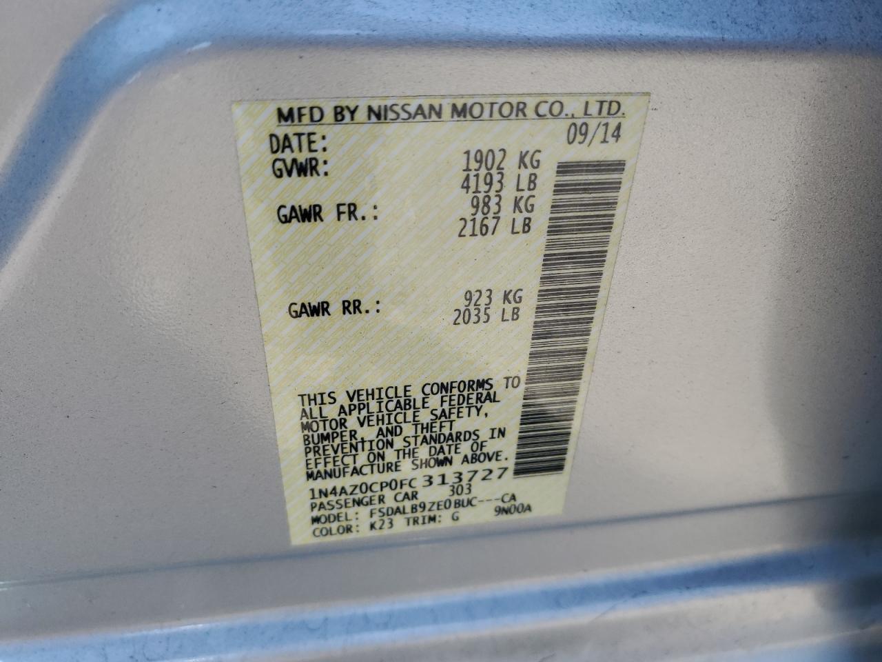 2015 Nissan Leaf S VIN: 1N4AZ0CP0FC313727 Lot: 71267425