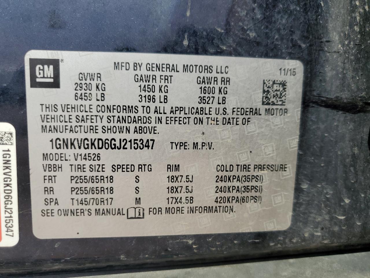 2016 Chevrolet Traverse Lt VIN: 1GNKVGKD6GJ215347 Lot: 70130435