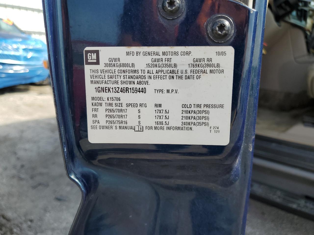 2006 Chevrolet Tahoe K1500 VIN: 1GNEK13Z46R159440 Lot: 71312255