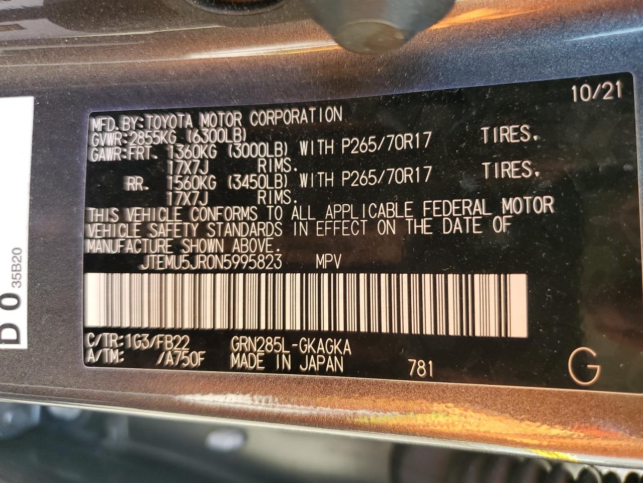 2022 Toyota 4Runner Sr5/Sr5 Premium VIN: JTEMU5JR0N5995823 Lot: 71290125
