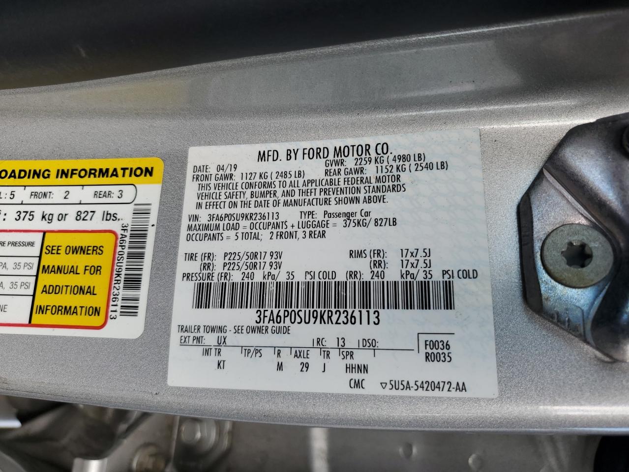 2019 Ford Fusion Titanium VIN: 3FA6P0SU9KR236113 Lot: 84021305