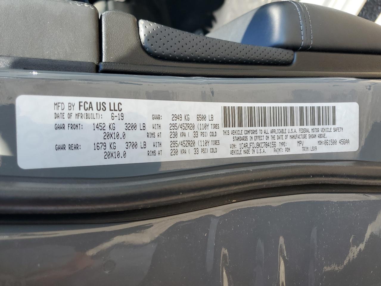 2019 Jeep Grand Cherokee Srt-8 VIN: 1C4RJFDJ9KC784156 Lot: 82126895