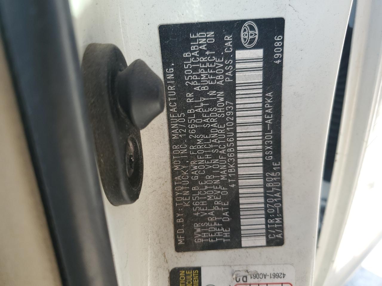 2006 Toyota Avalon Xl VIN: 4T1BK36B56U102937 Lot: 67987595