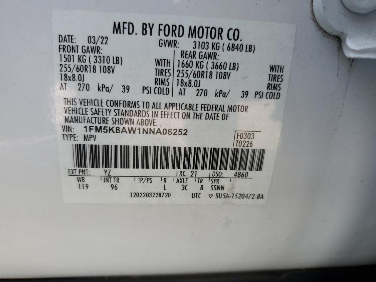 2022 Ford Explorer Police Interceptor VIN: 1FM5K8AW1NNA06252 Lot: 70750385