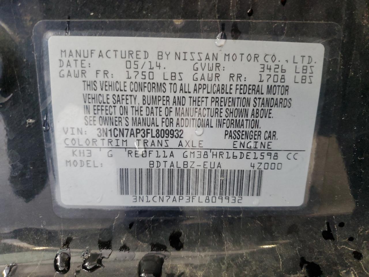 2015 Nissan Versa S VIN: 3N1CN7AP3FL809932 Lot: 71509925