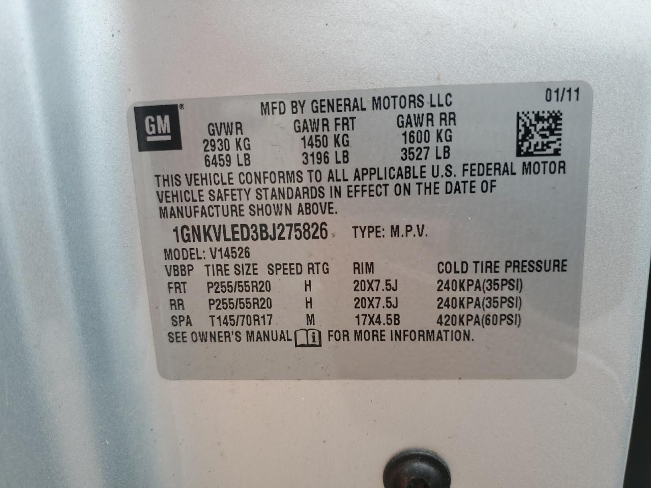 2011 Chevrolet Traverse Ltz VIN: 1GNKVLED3BJ275826 Lot: 81142695