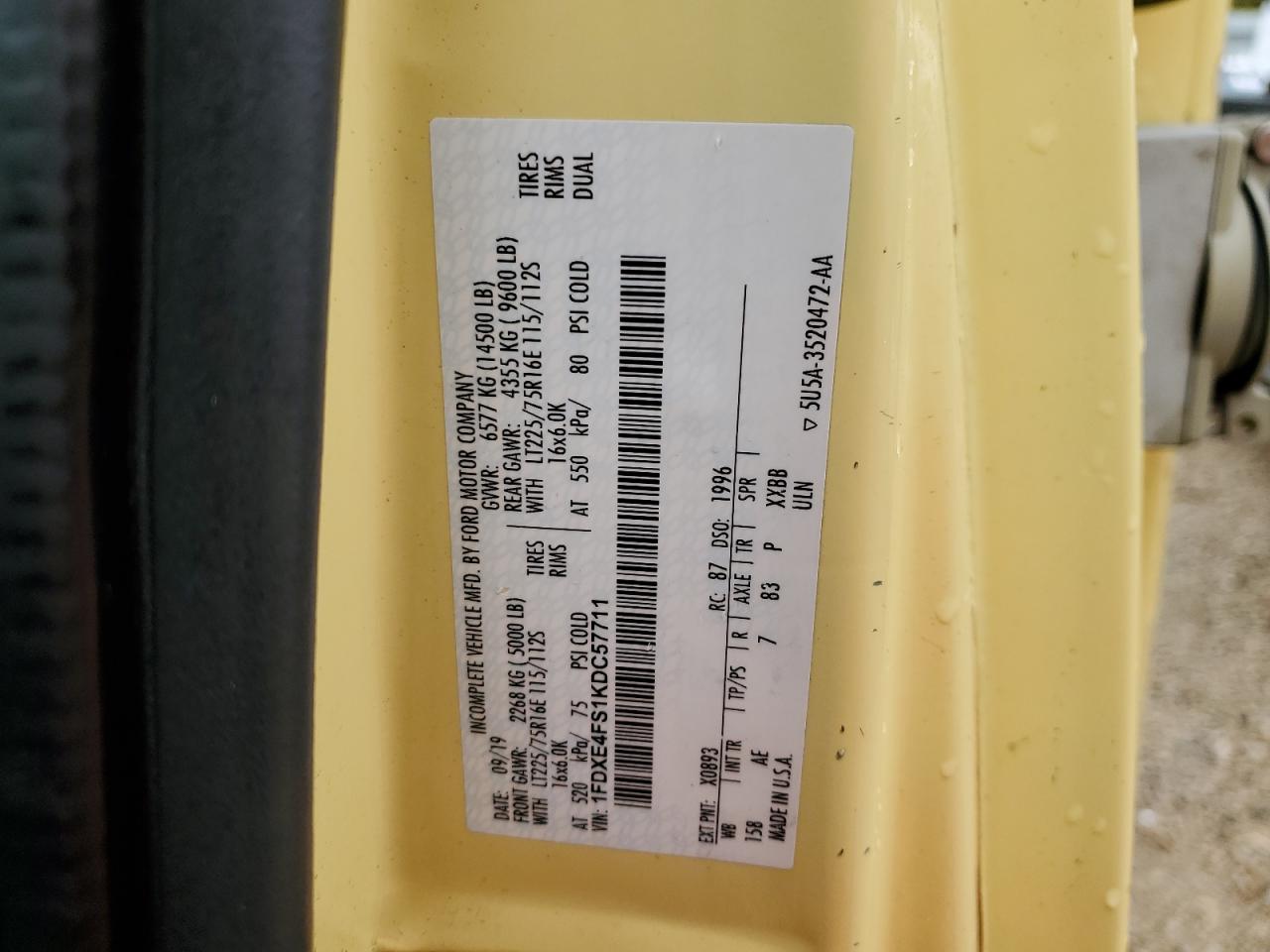 2019 Ford Econoline E450 Super Duty Cutaway Van VIN: 1FDXE4FS1KDC57711 Lot: 83824905