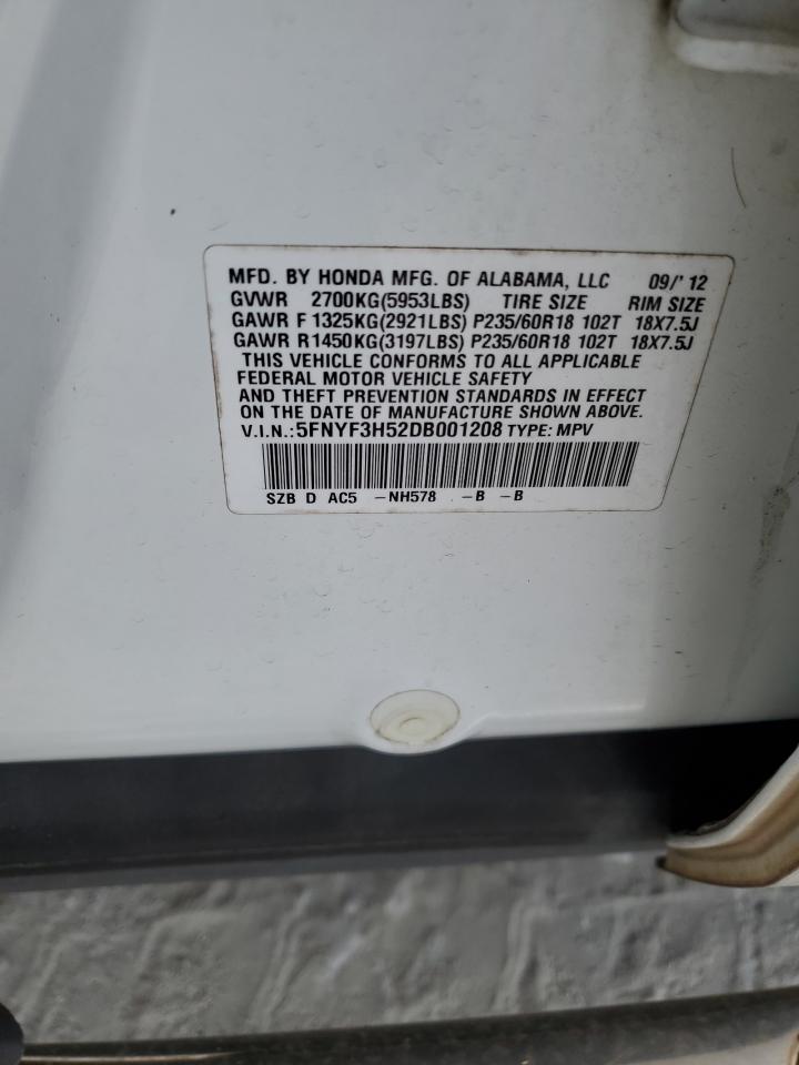 2013 Honda Pilot Exl VIN: 5FNYF3H52DB001208 Lot: 71441735