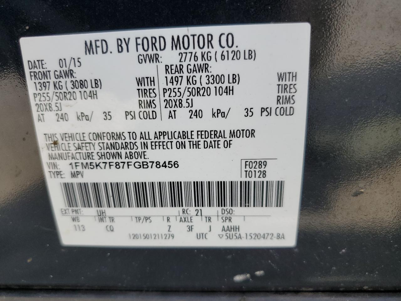 2015 Ford Explorer Limited VIN: 1FM5K7F87FGB78456 Lot: 80253805