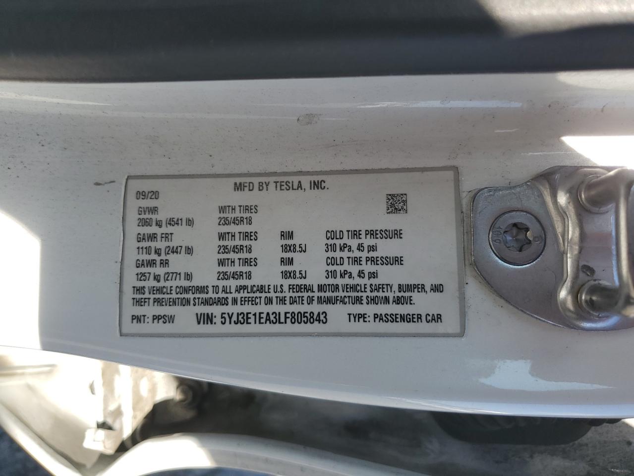 2020 Tesla Model 3 VIN: 5YJ3E1EA3LF805843 Lot: 83874055