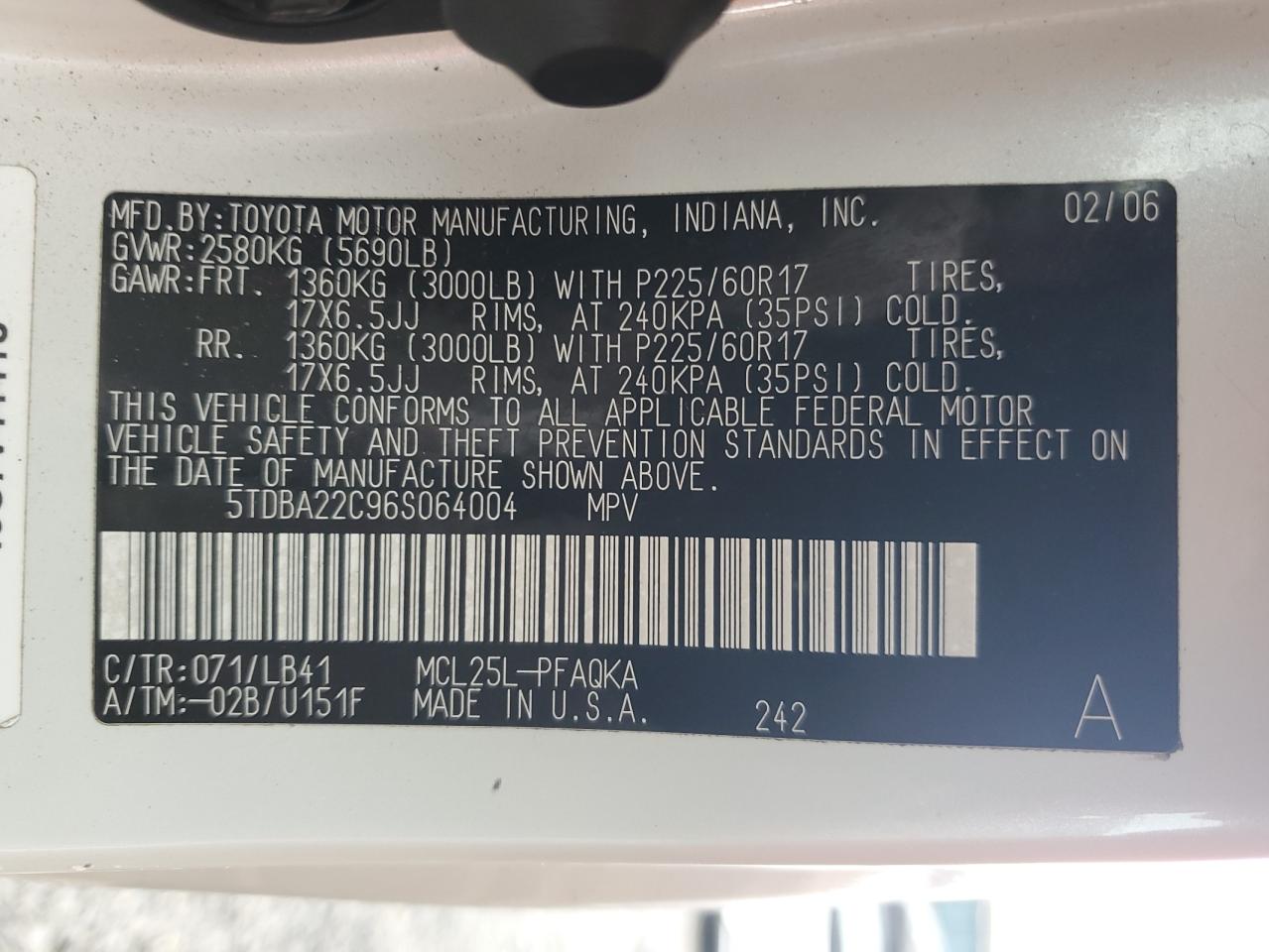 2006 Toyota Sienna Xle VIN: 5TDBA22C96S064004 Lot: 84425685