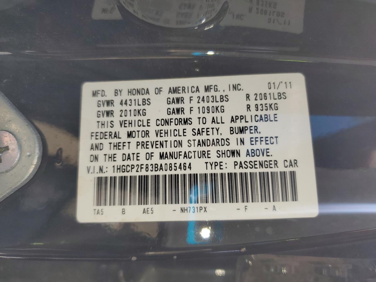 2011 Honda Accord Exl VIN: 1HGCP2F83BA085464 Lot: 80203635