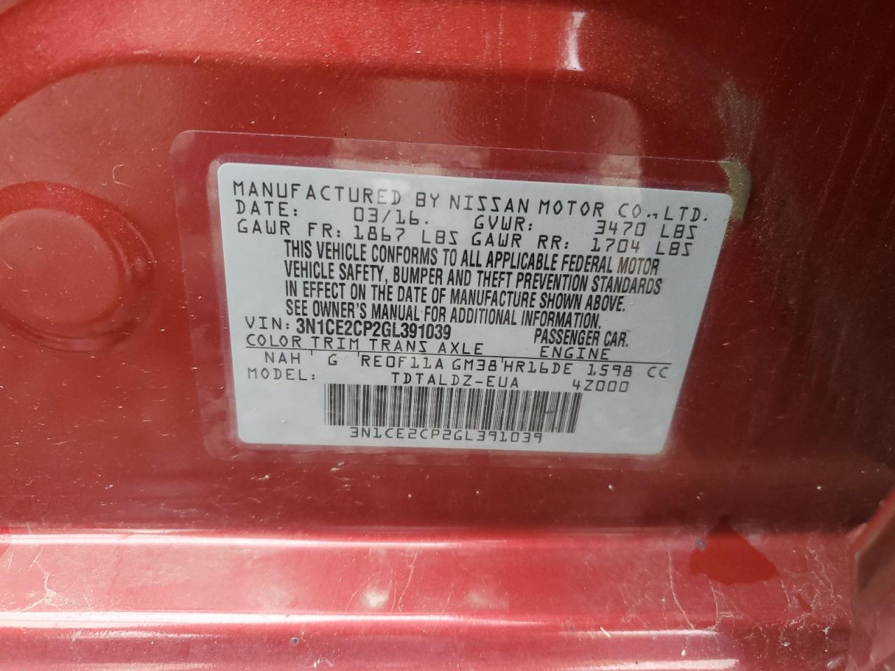 2016 Nissan Versa VIN: 3N1CE2CP2GL391039 Lot: 81057025